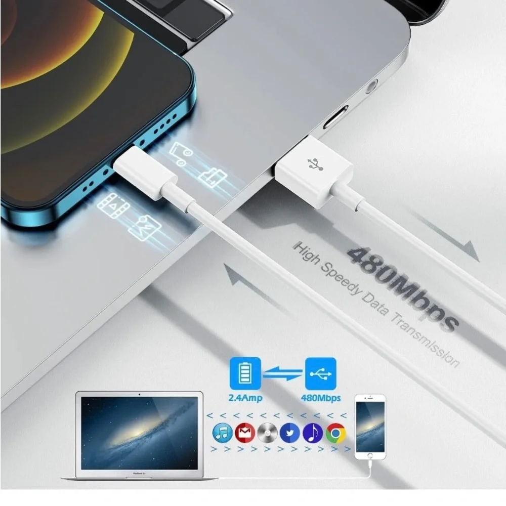 2 Pcs 1 cable USB-A + 1 cable C-Lightning For iPhone 11 12 13 14 15 pro max 3F
